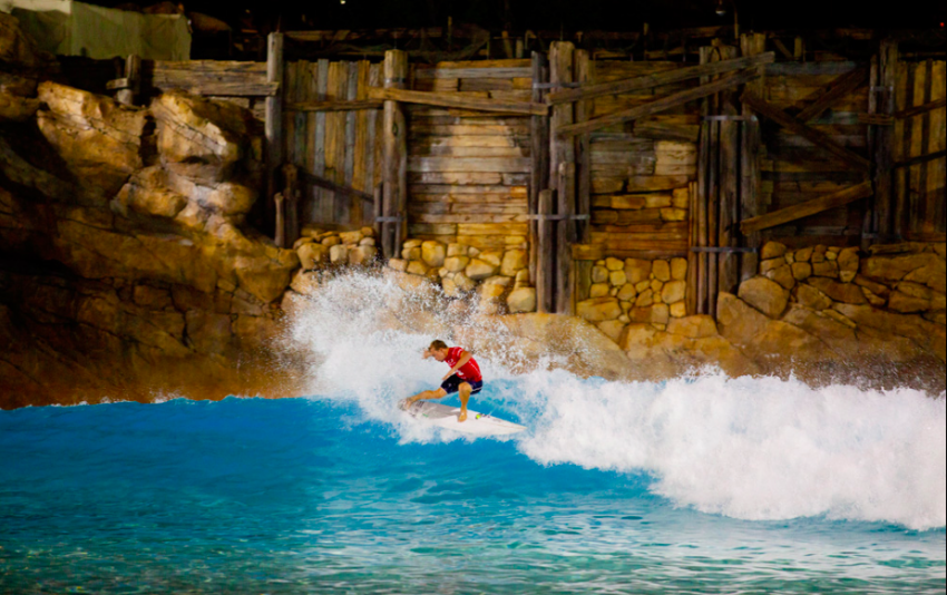 Tanner Strohmenger surfing Disney's Typhoon Lagoon during the Southeast Oakley Surf Shop Challenge