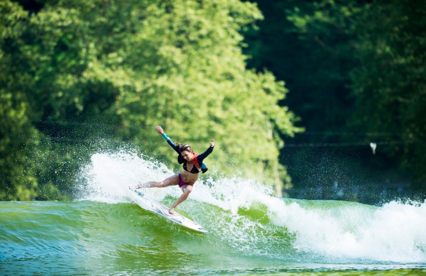 WSL Pro Surfer and Firewire Team Rider Sally Fitzgibbons enjoying a session on Wavegarden's 2.0 prototype surf lagoon