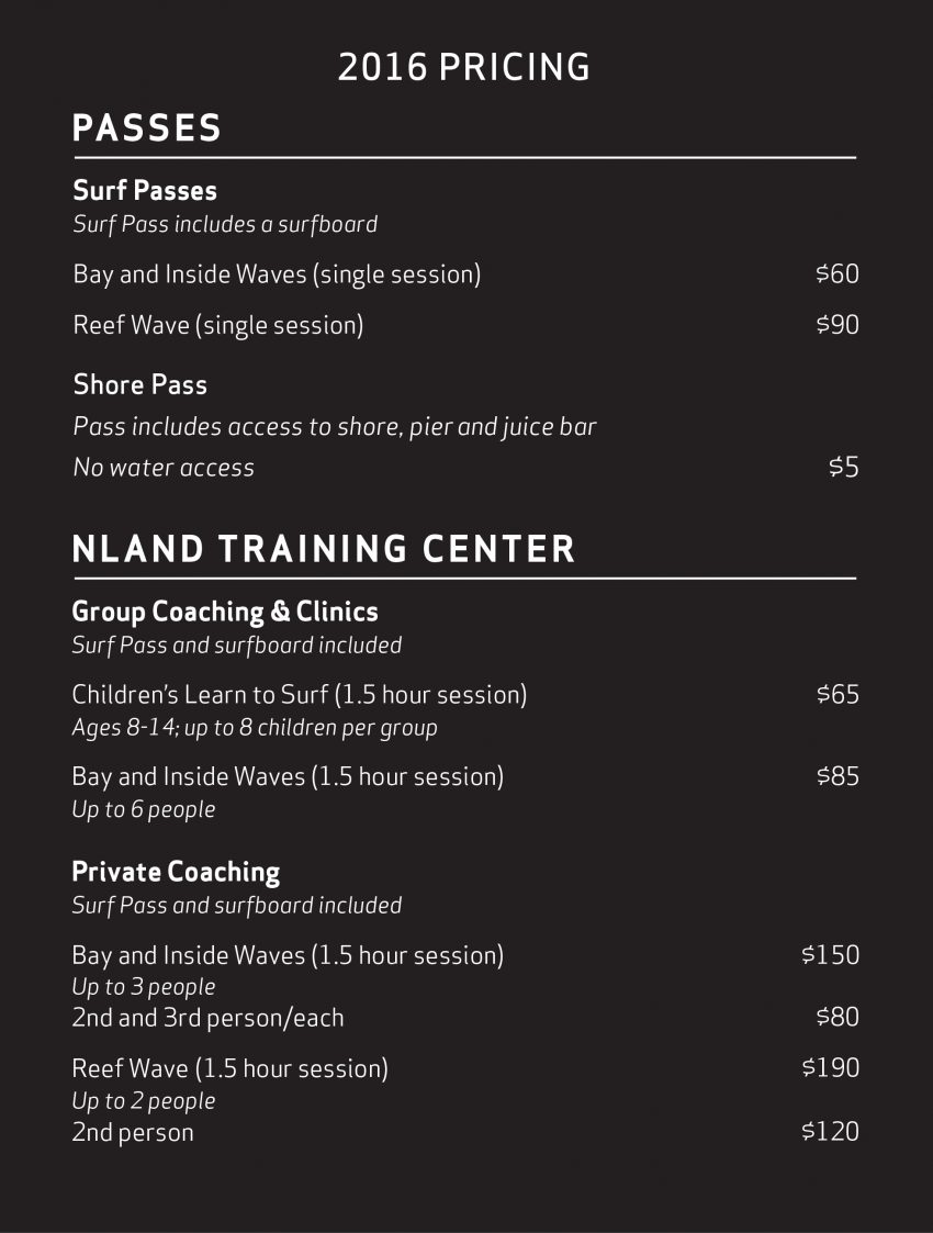 NLand Surf Park Price Chart October 2016 | Surf Park Central