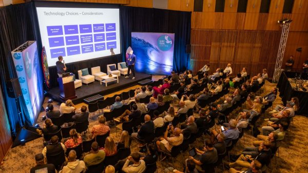 A crowd gathered at Surf Park Summit 2024