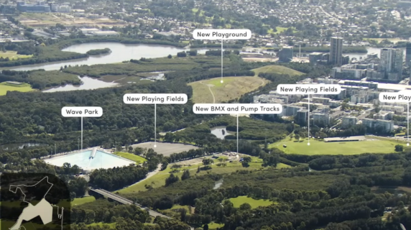 sydney olympic park including a surf park, playgrounds and grassy fields.