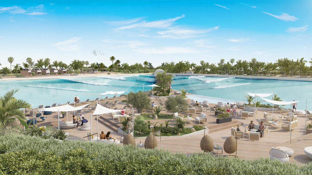 Rendering of Bahrain Surf Park with a Wavegarden lagoon