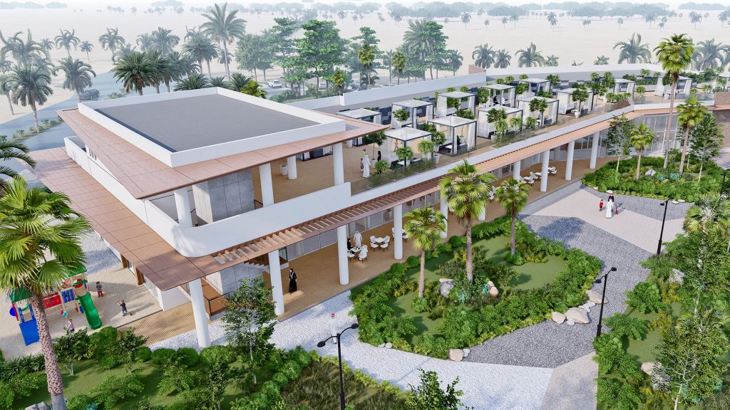 Rendering of Bahrain Surf Park's lodging.