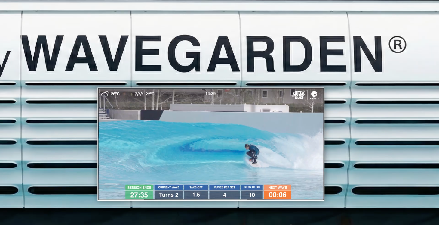 A screen from Surf Eye below a Wavegarden logo