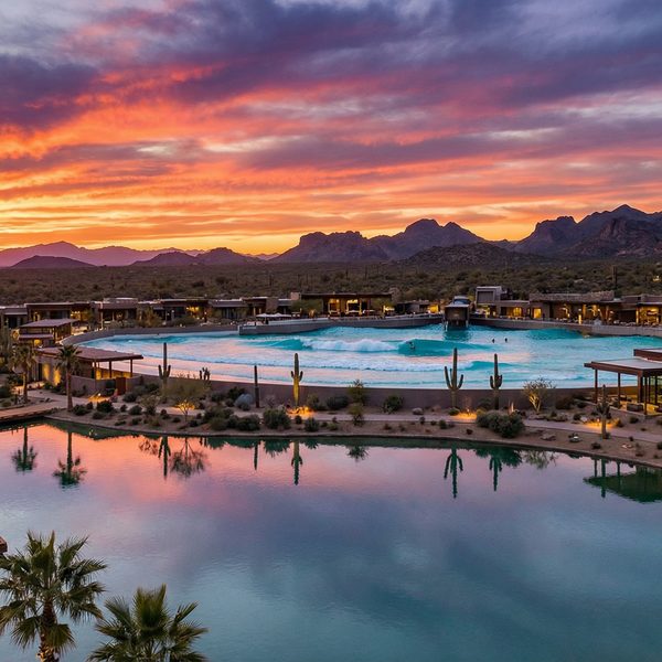 Rendering of Hidden Lake Surf Resort with a sunset over the nearby mountains